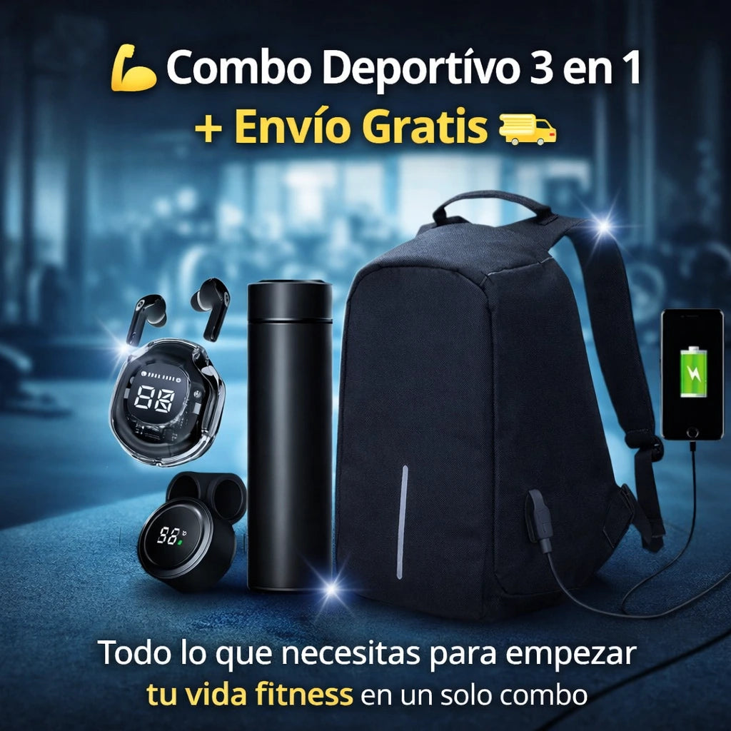 Combo deportivo 3 en 1 - Bolso antirobo + termo indicador de temperatura + Audifonos air 39